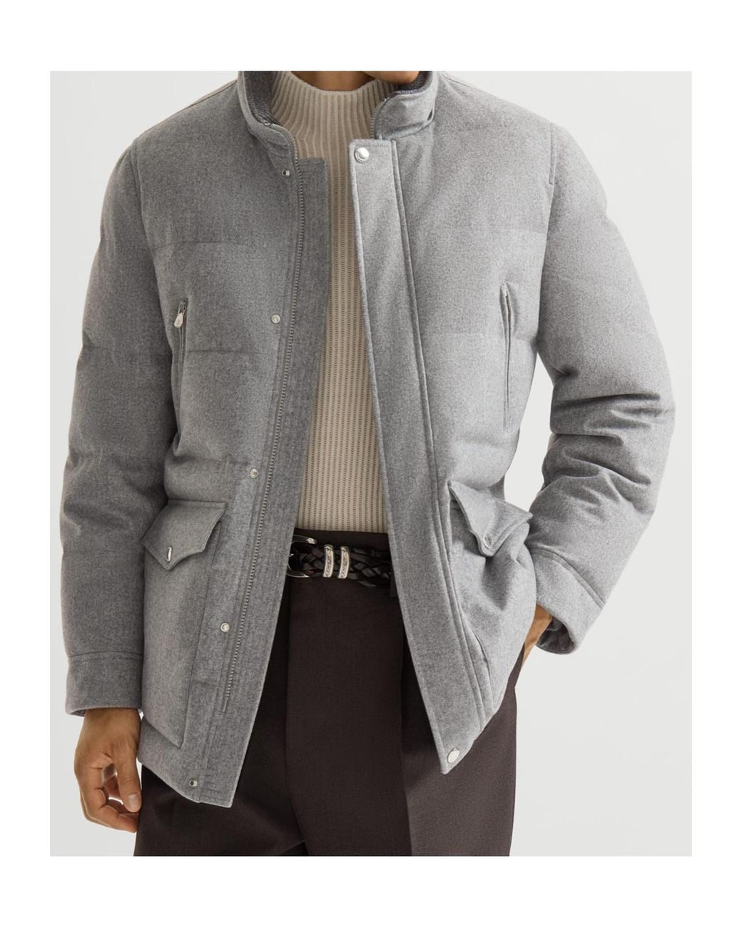 Brunello Cucinelli Gray Hooded Padded Coat for men