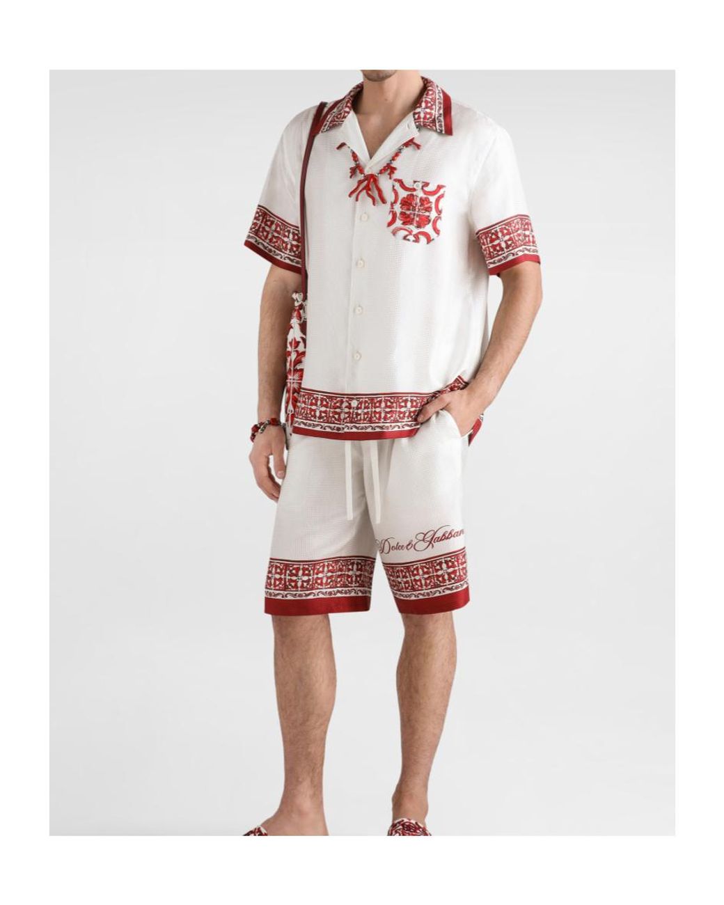 Dolce & Gabbana White Majolica-Printed Jacquard Hawaii Shirt for men
