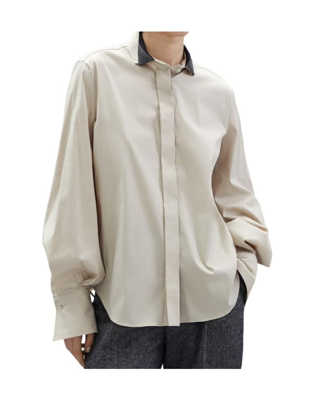 Brunello Cucinelli Natural Monili-Collar Long-Sleeve Blouse