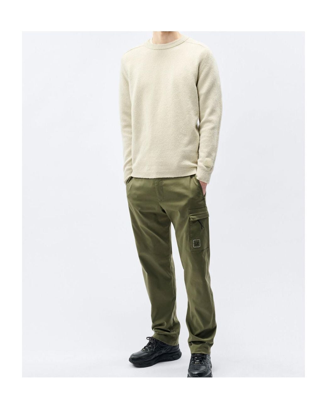C P Company Natural Metropolis Series Bouclè Extrafine Merino Crewneck Logo Sweater for men