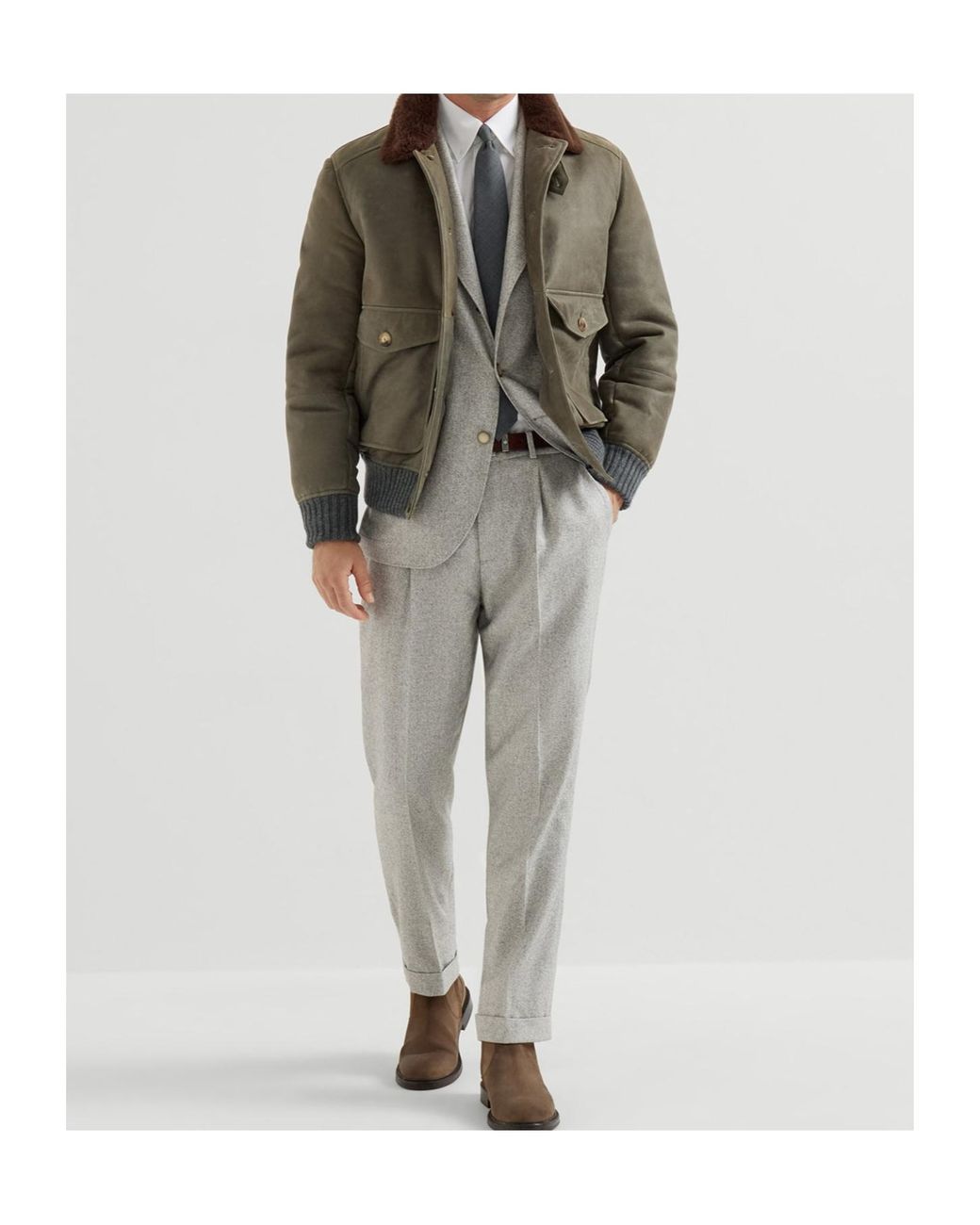 Brunello Cucinelli Gray Silk And Cashmere Cavalry Tweed Deconstructed Blazer With Large Peak Lapels for men