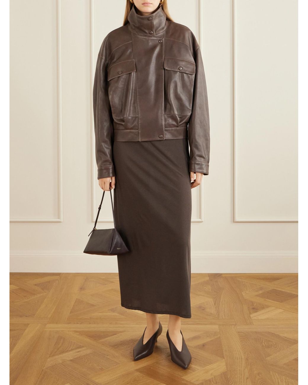 Nour Hammour Brown Quincy Cropped Paneled Leather Bomber