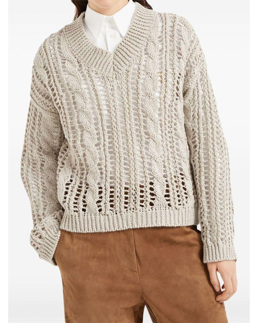 Brunello Cucinelli Gray Cable-Knit Mesh Jumper