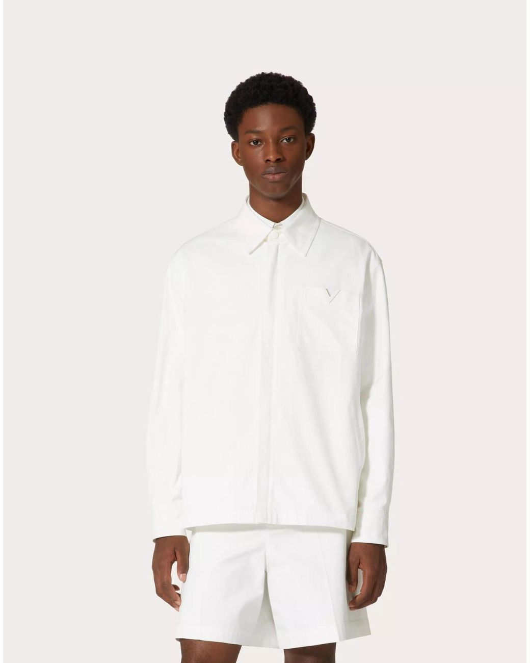 Valentino White Logo Plaque Straight Hem Shirt Jacket for men