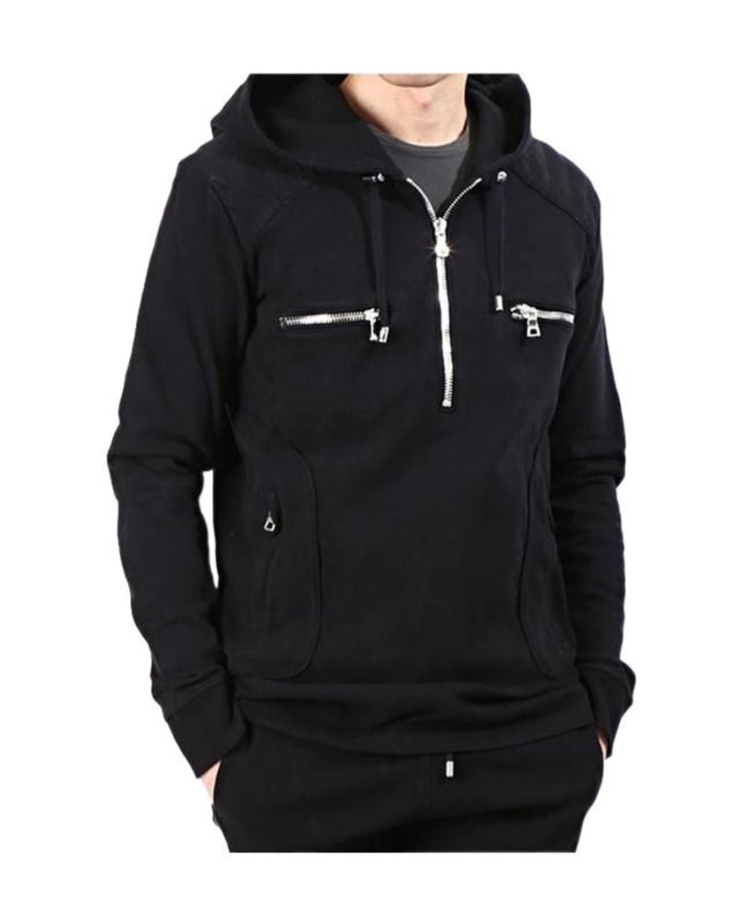 Balmain Black Zip Hooded T-Shirt for men