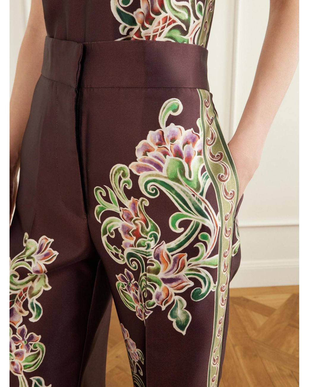 ALÉMAIS Brown Cropped Floral-Print Twill Flared Pants