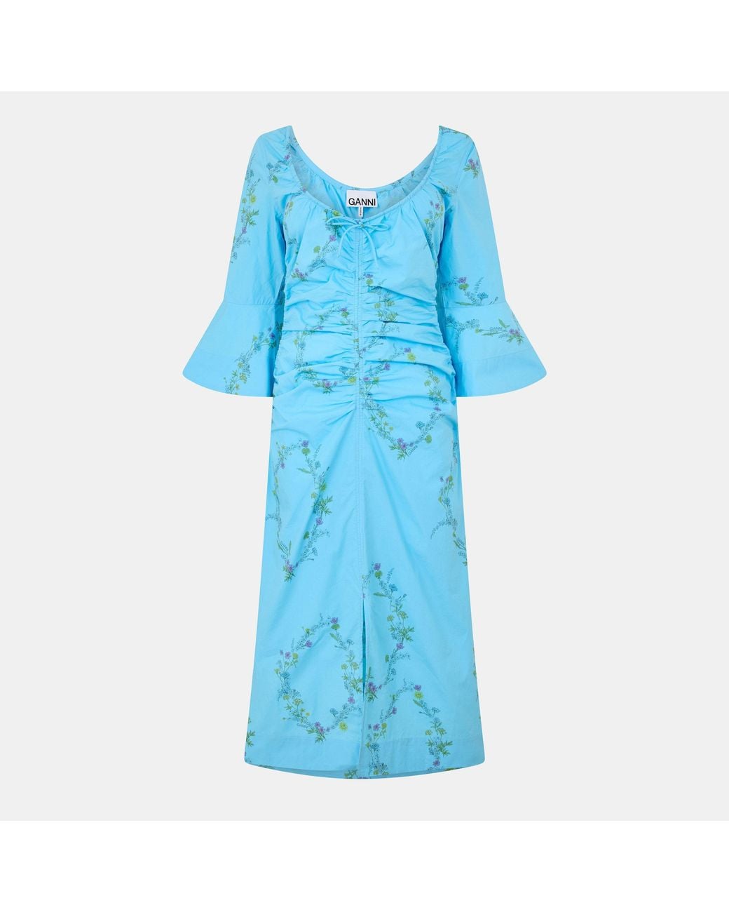 Ganni Blue Floral-Print Ruched Midi Dress