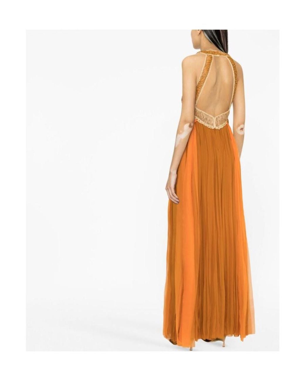 Alberta Ferretti Orange Embellished V-Neck Long Dress