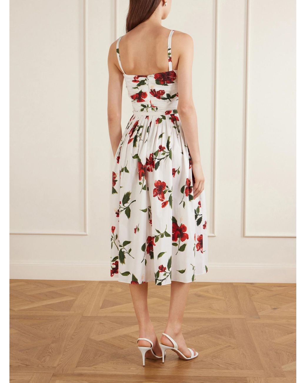 Oscar de la Renta White Belted Pleated Floral-Print Cotton-Blend Poplin Midi Dress