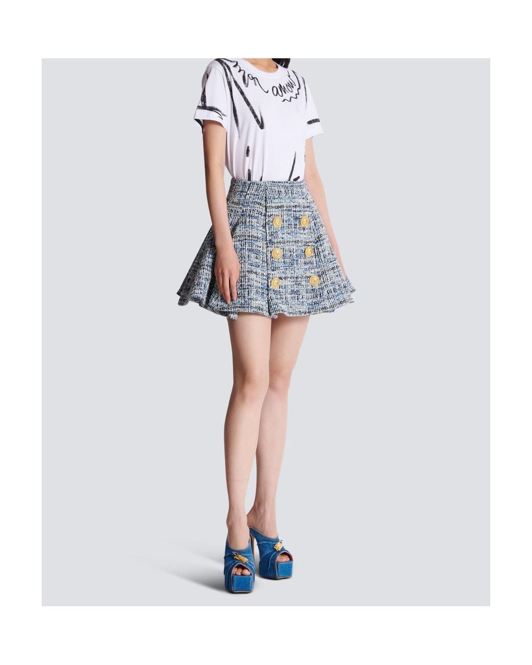 Balmain Blue Tweed Skirt With Pleats