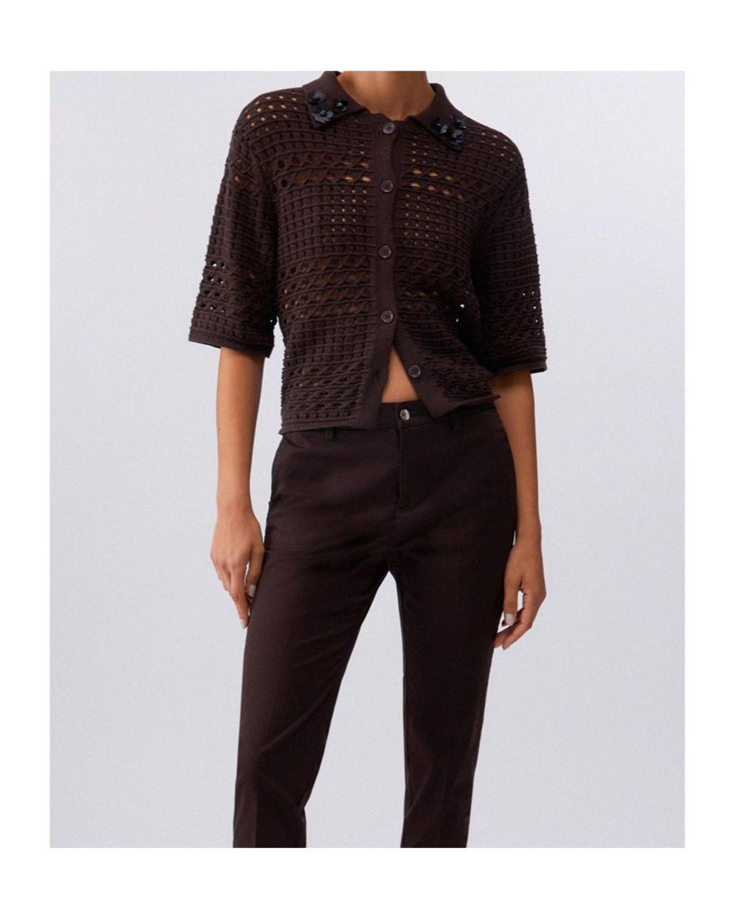 Liu Jo Brown Openwork Embellished Knitted Top