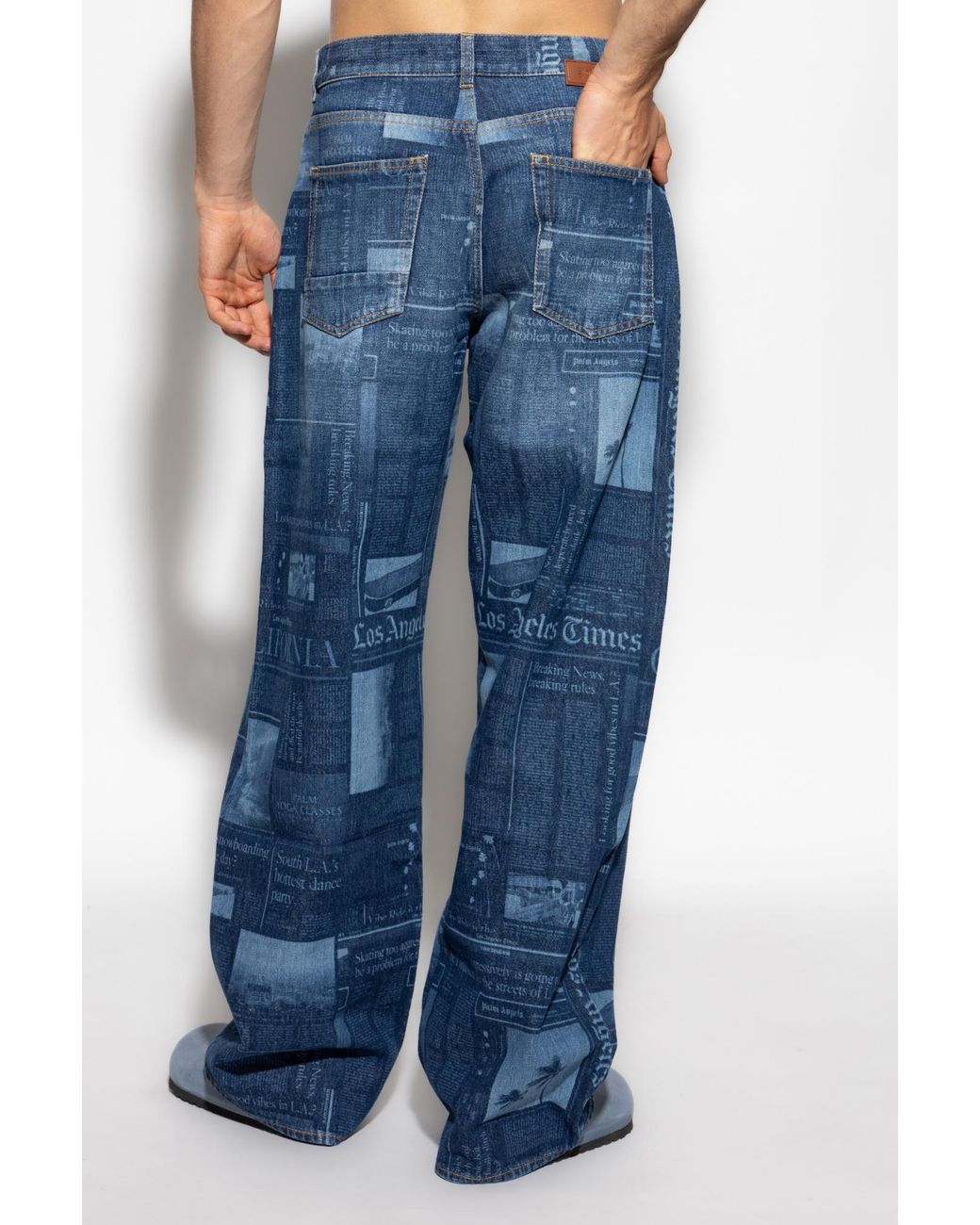 Palm Angels Blue Patterned Wide Leg Jeans for men
