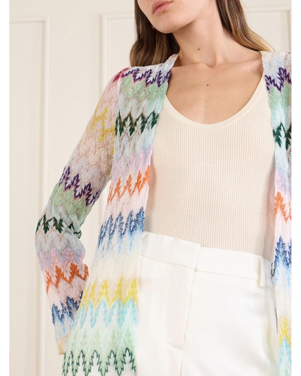 Missoni White Striped Metallic Crochet-Knit Cardigan