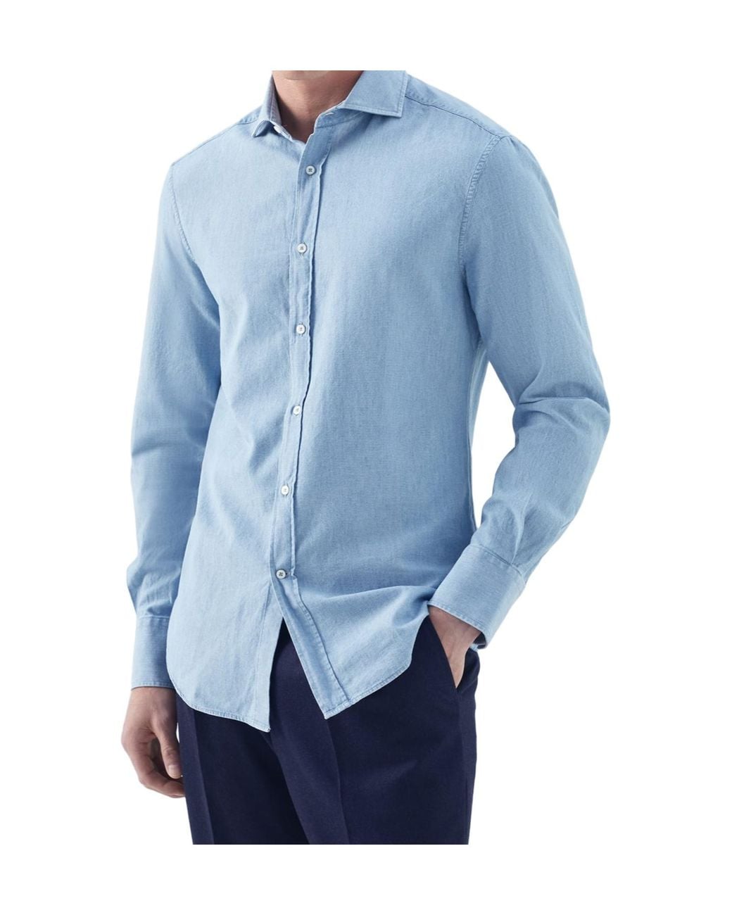 Brunello Cucinelli Blue Denim-Effect Chambray Shirt With Spread Collar for men