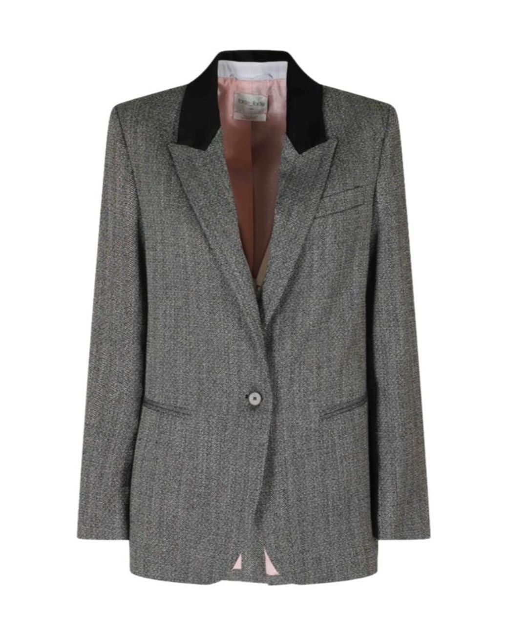 Forte_forte Gray Herringbone Velvet-Collar Blazer