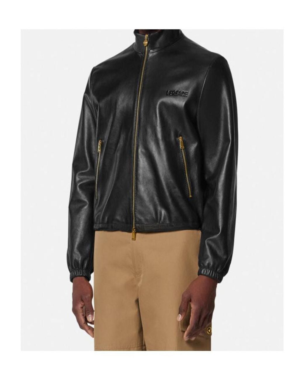 Versace Black Stand Up Collar Leather Jacket for men