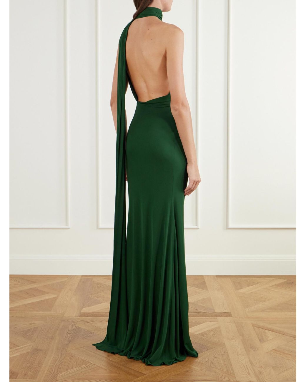 Alex Perry Green Scarf-Detailed One-Shoulder Ruched Jersey Gown