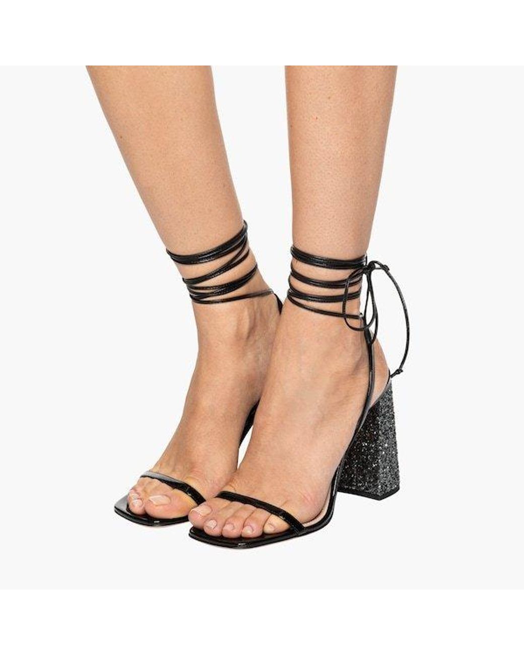 Miu Miu Black Ankle Tie-Fastened Block Heeled Glitter Sandals