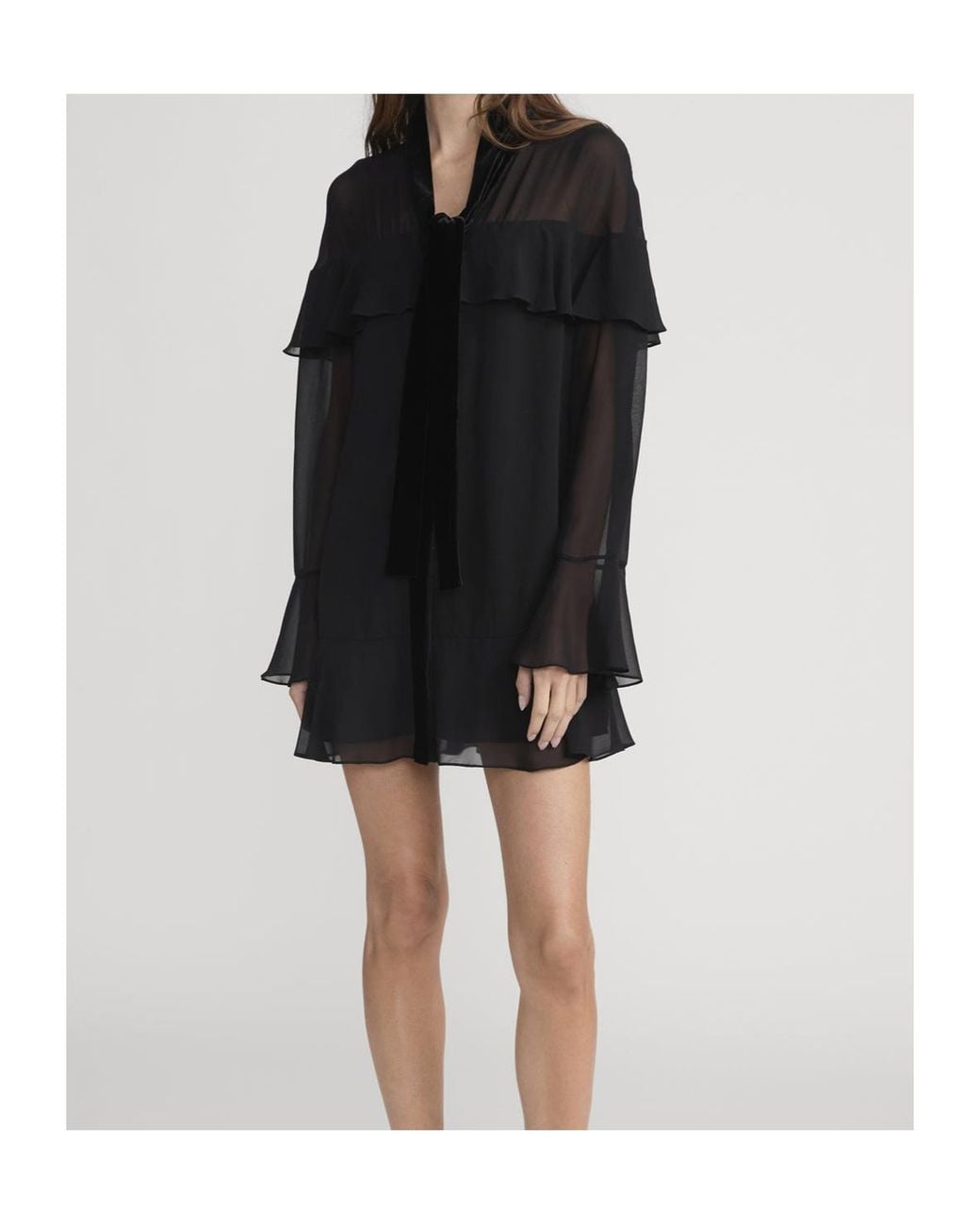 FRAME Black Ruffled-Details Tie-Neck Dress
