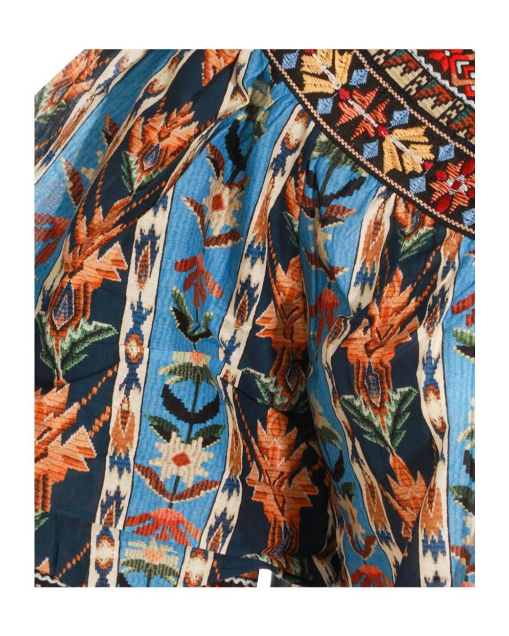Farm Rio Blue Dress Embroidered Tapestry With Short Sleeves And Embroidery