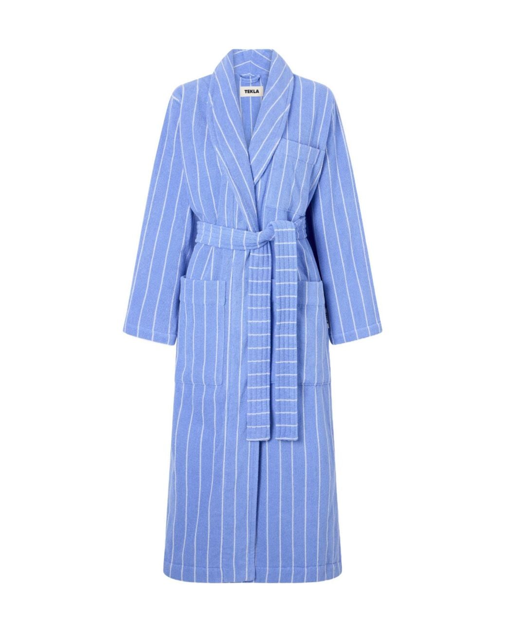 Tekla Blue Belted Striped Cotton-Terry Robe