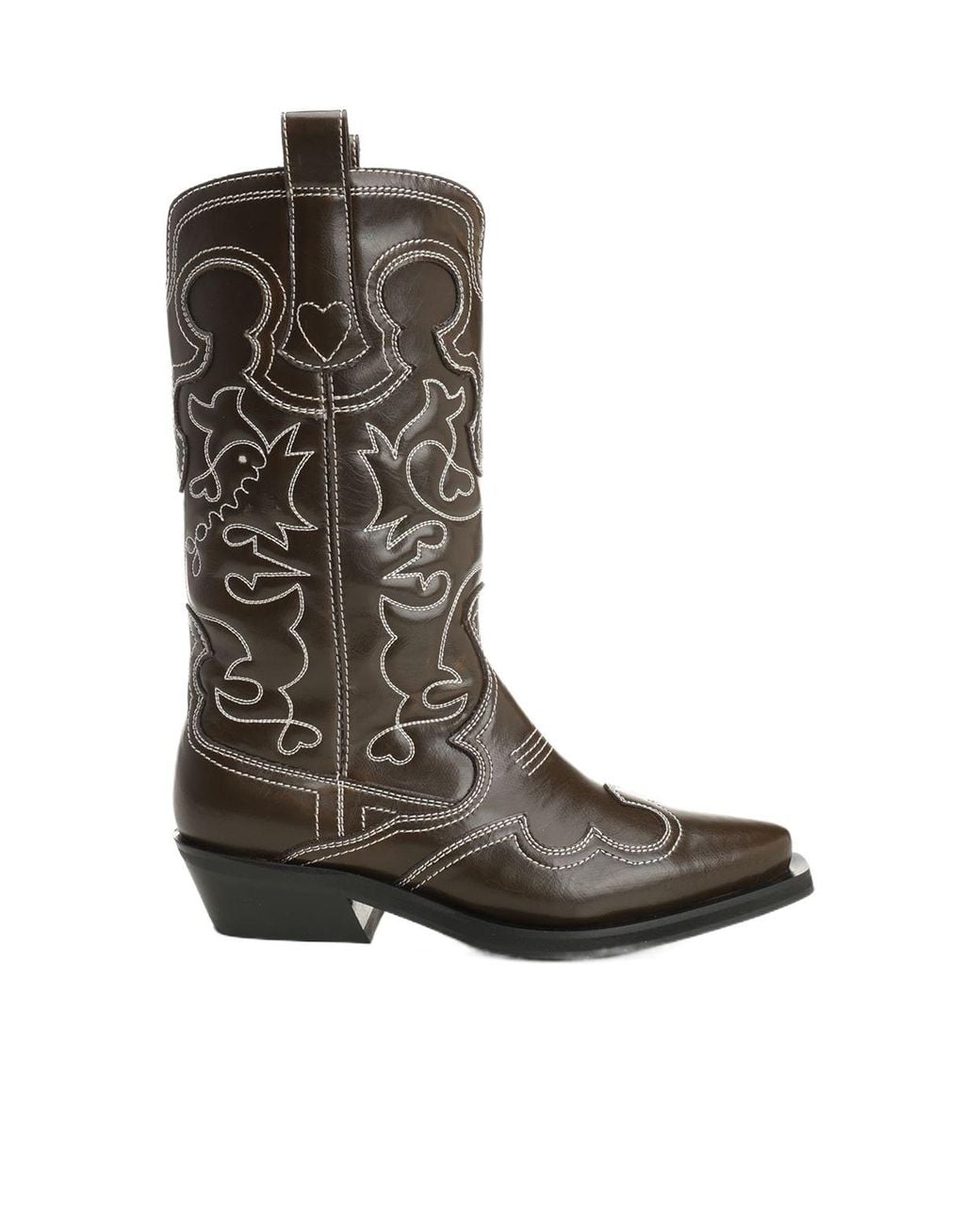 Ganni Brown Mid Shaft Embroidered Western Boots