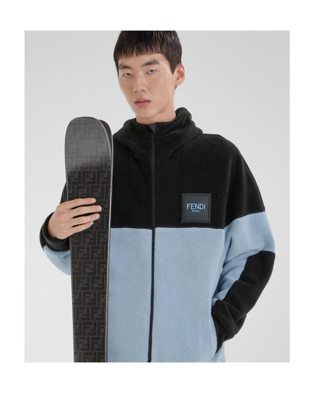 Fendi Black Fleece Logo Patch Zipped Hoodie for men