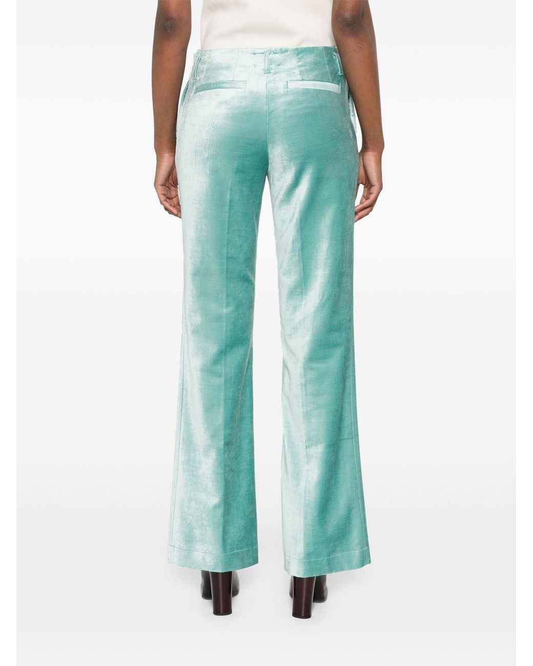Forte_forte Green Cotton Viscose Stretch Velvet Trumpet Shaped Pants