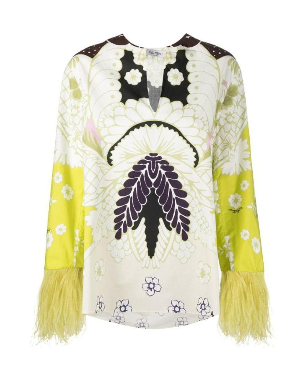 Valentino Yellow Feather-Embellished Floral Print Blouse
