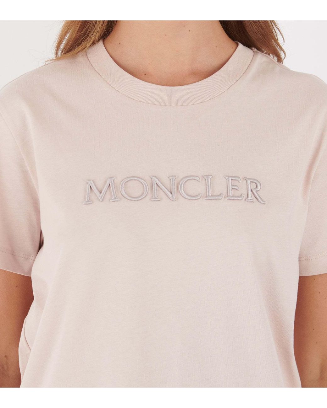 Moncler Pink Embroidered Tonal Logo Crewneck T-Shirt
