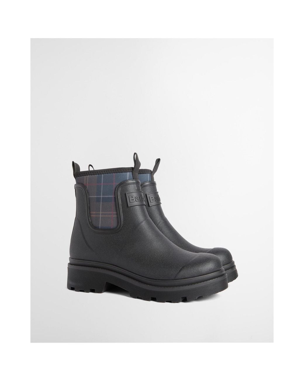 Barbour Gray Plaid Panel Side Elastic Short Rain Boot