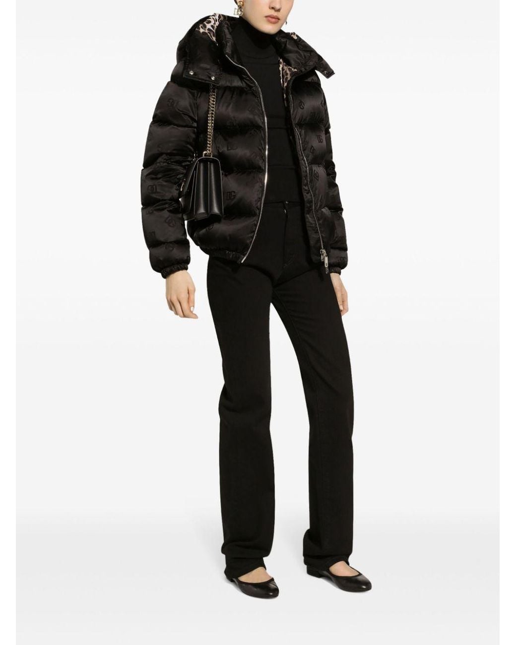 Dolce & Gabbana Black Padded Satin Jacquard Down Jacket With All-Over Dg Logo