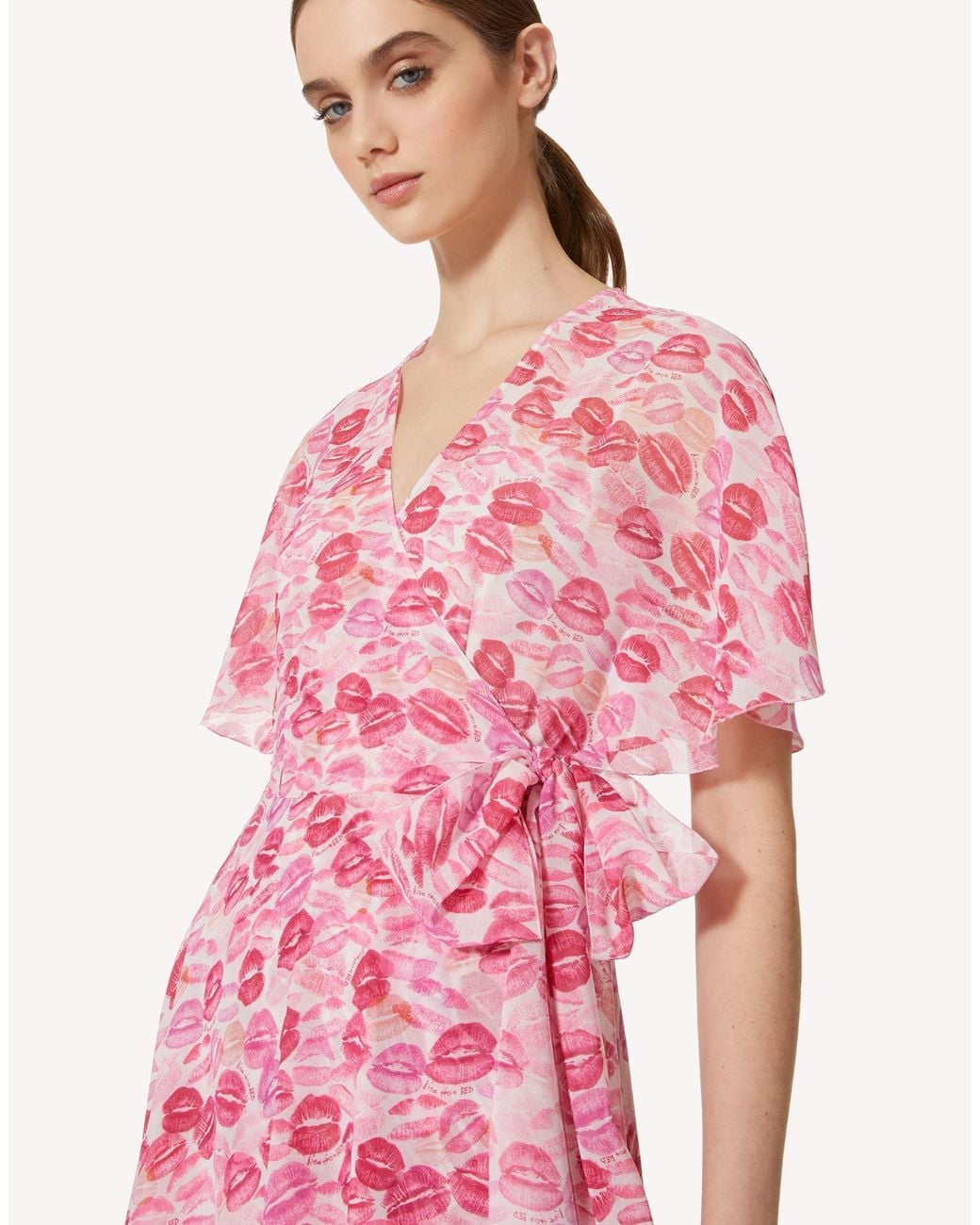 RED Valentino Pink Lip Print Flutter Sleeved Midi Dresses