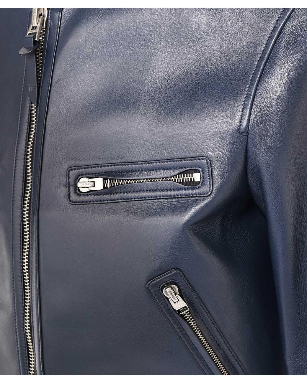 Tom Ford Blue Long-Sleeved Leather Jacket for men