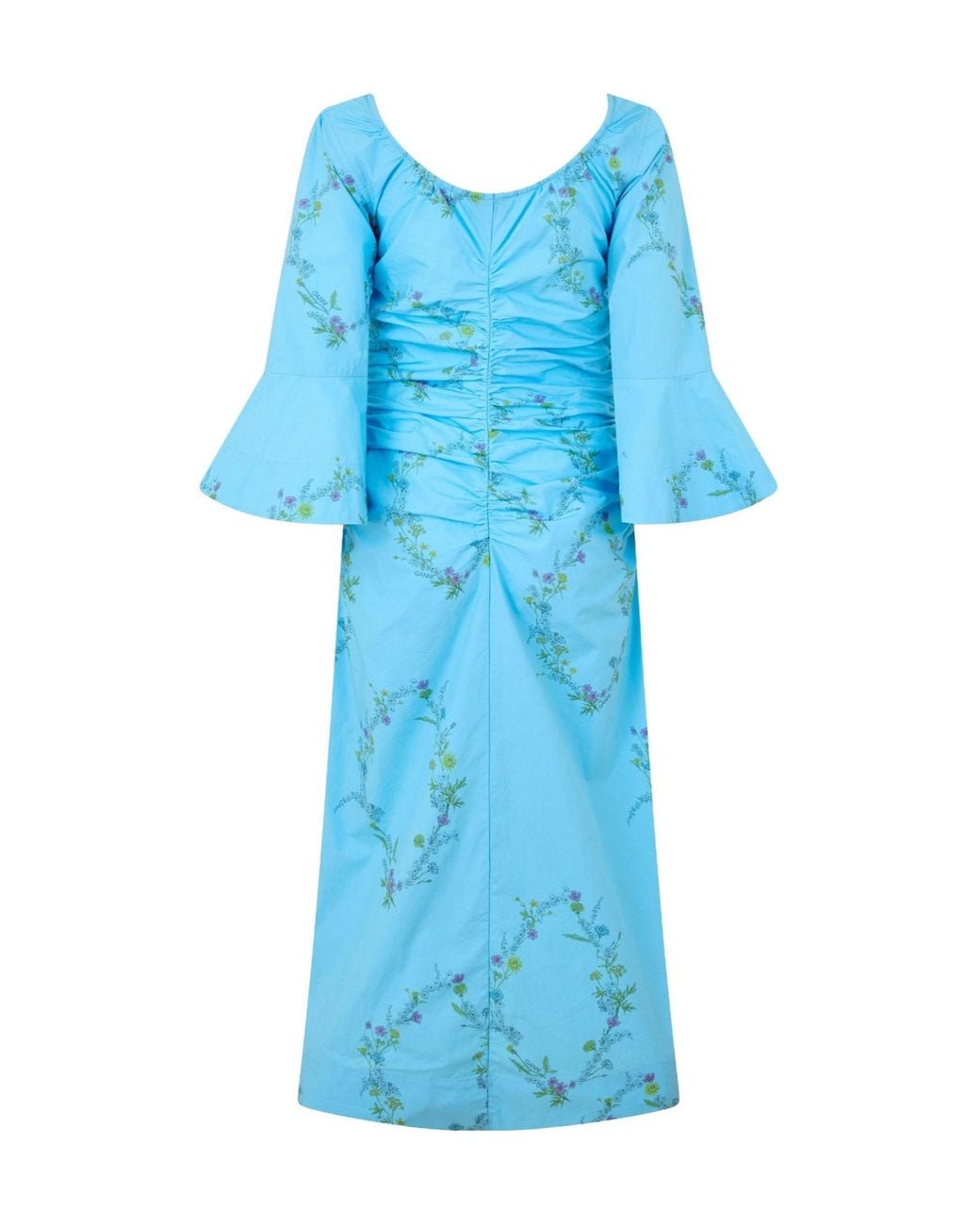 Ganni Blue Floral-Print Ruched Midi Dress