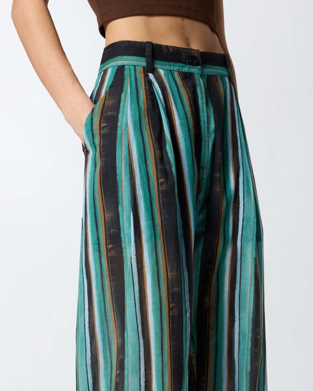 Pinko Green Striped Pleated Straight Trousers
