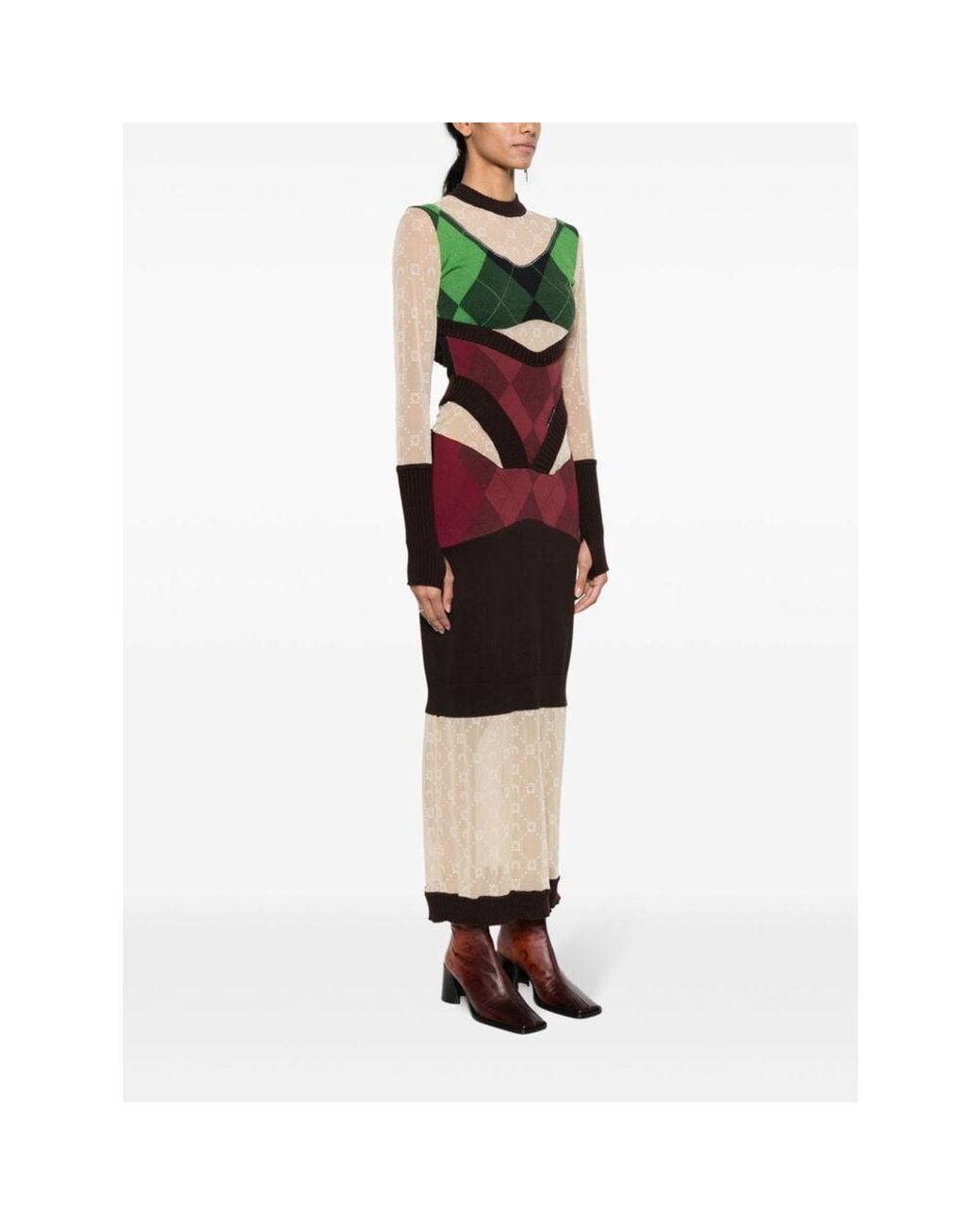 MARINE SERRE Red Regenerated Lozenge Knit Fitted Dress