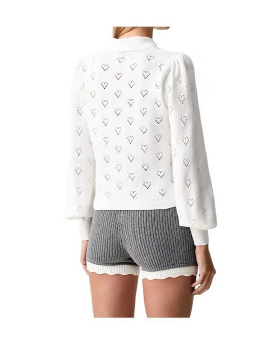Twinset White Heart-Pointelle Puff-Sleeve Polo Top
