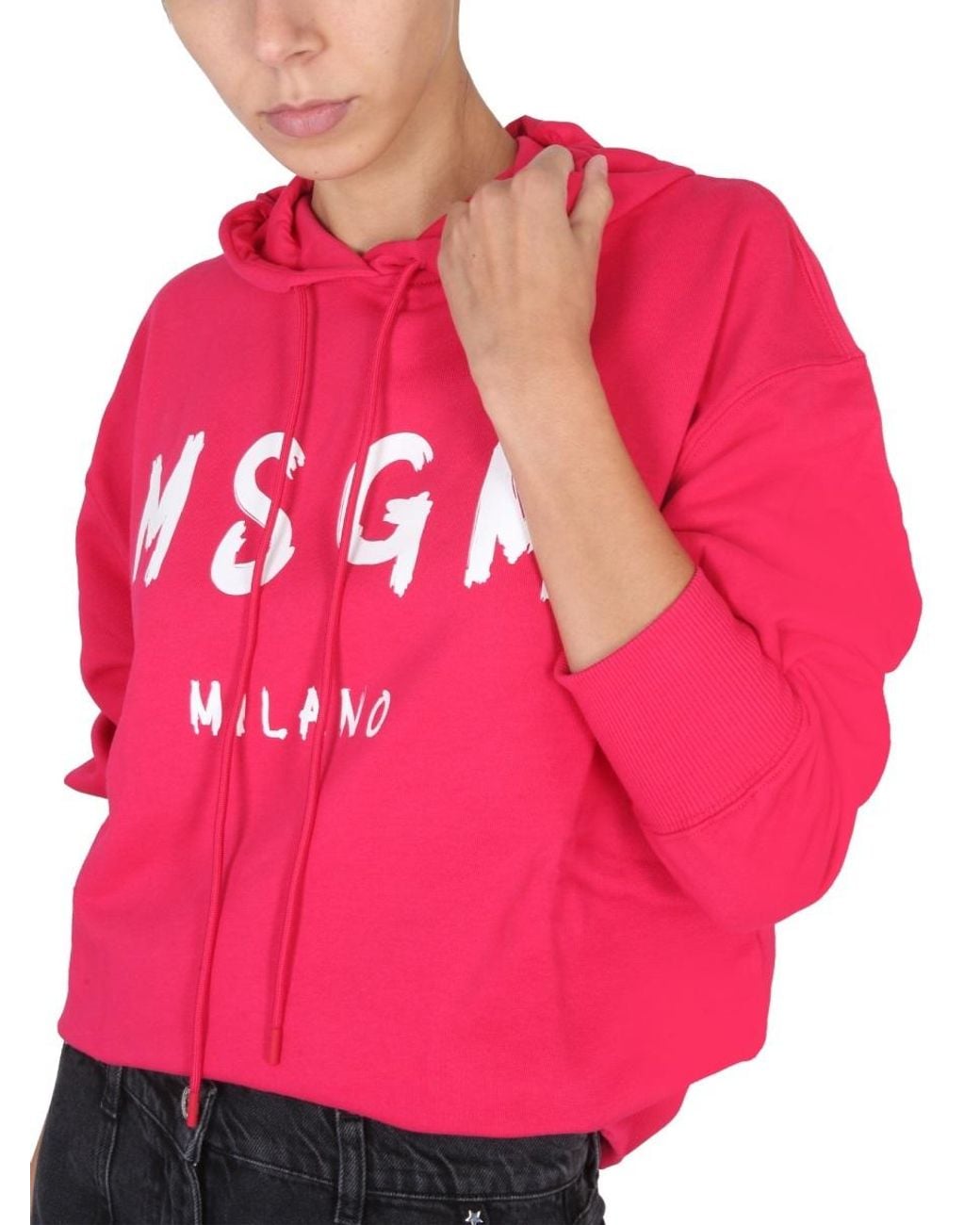 MSGM Red Logo-Print Long-Sleeve Hoodie
