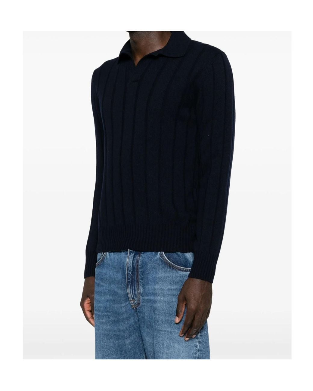 Gran Sasso Blue Ribbed-Knit Polo-Collar Sweater for men