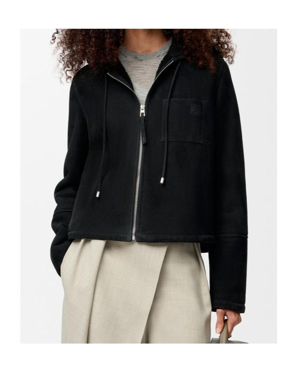 Loewe Black Shearling Zip-Up Hooded Jacket