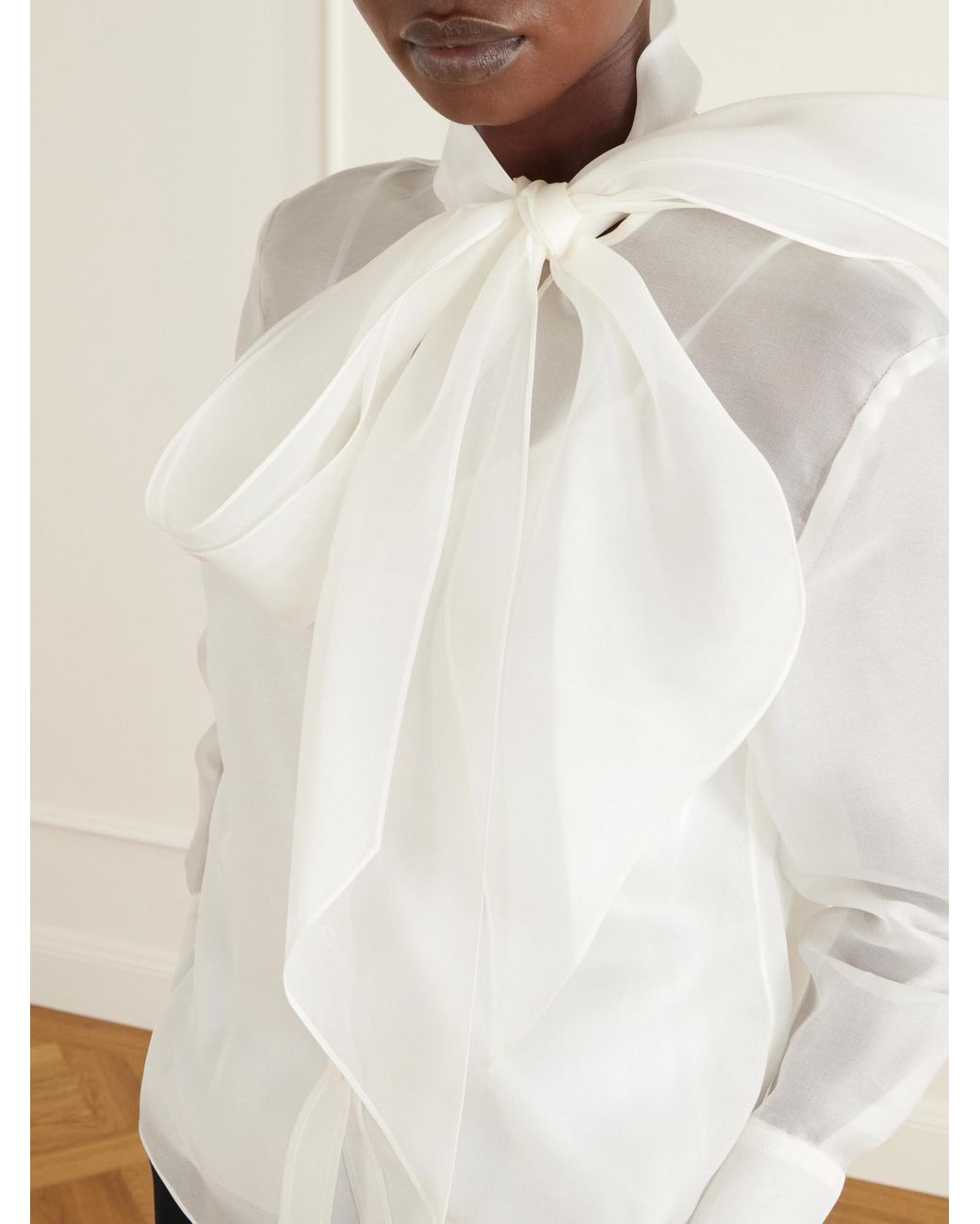 Carolina Herrera White Pussy-Bow Silk-Organza Blouse