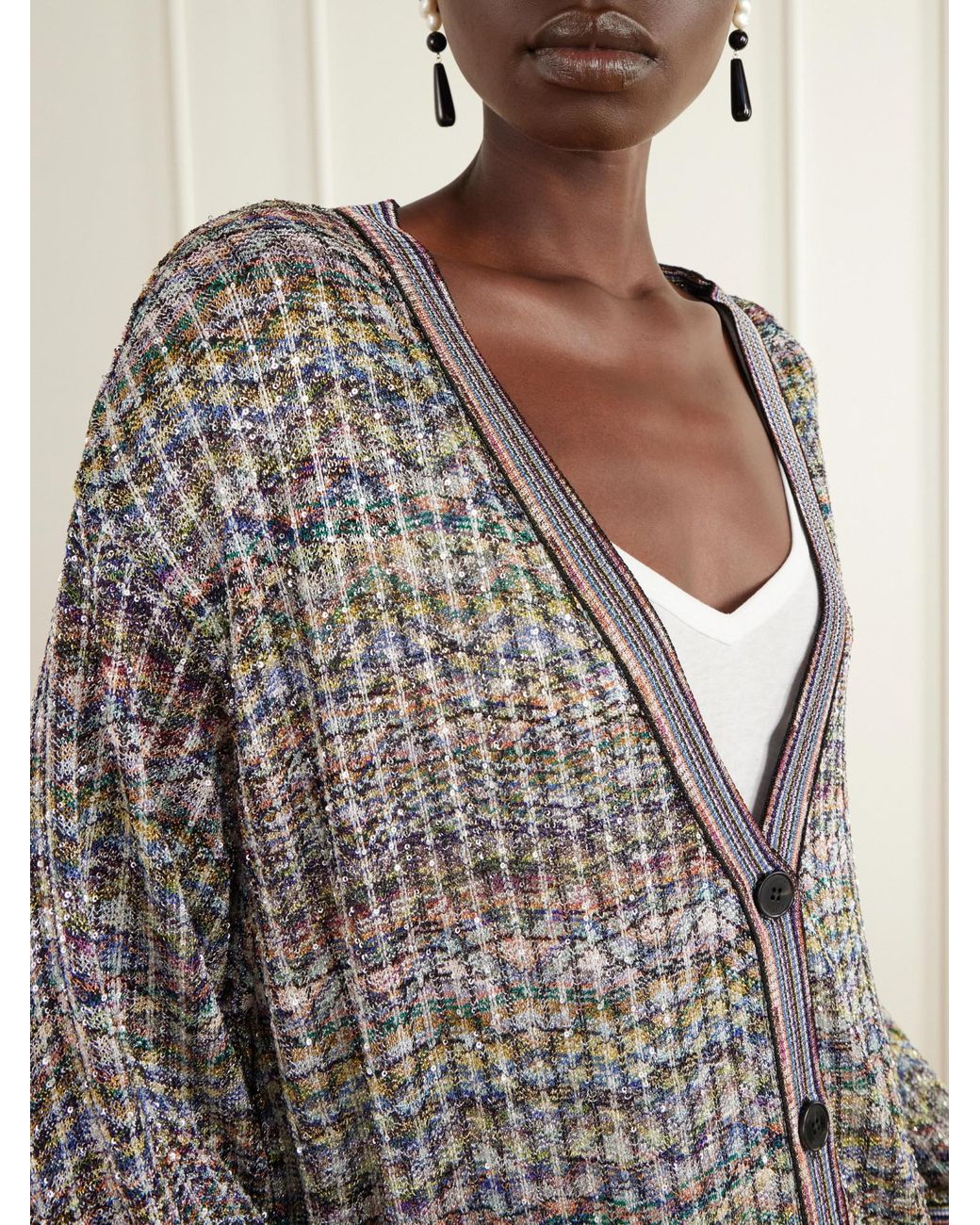 Missoni Gray Striped Metallic Crochet-Knit Cardigan