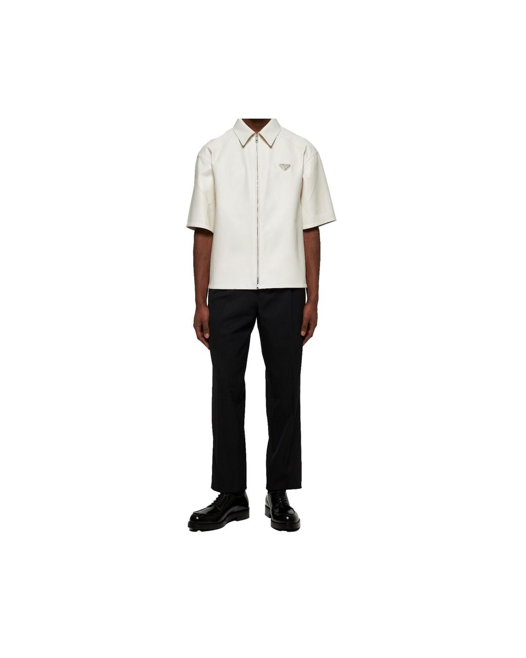 Prada White Short-Sleeved Zipped Leather Shirt for men