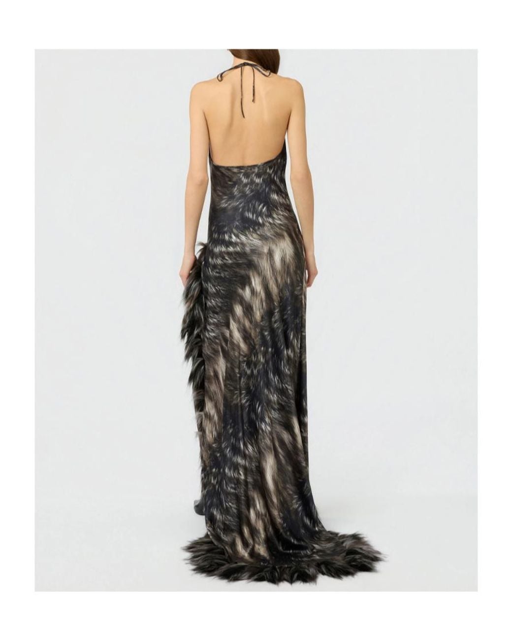 Roberto Cavalli Black Maxi Fur-Print Halterneck Dress