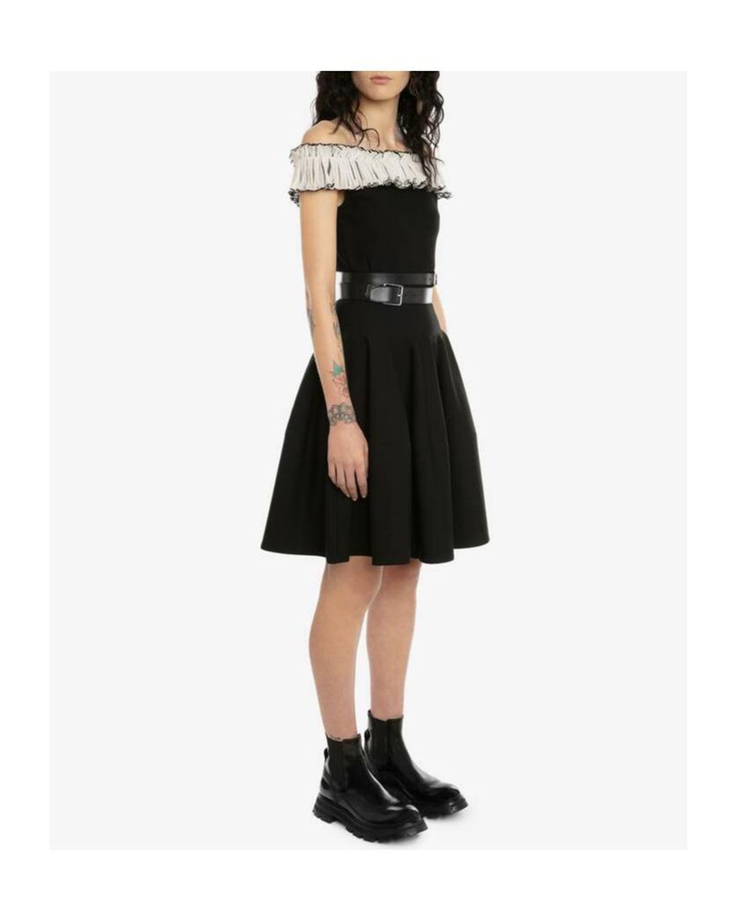 McQueen Black Off-Shoulder Flared Dress