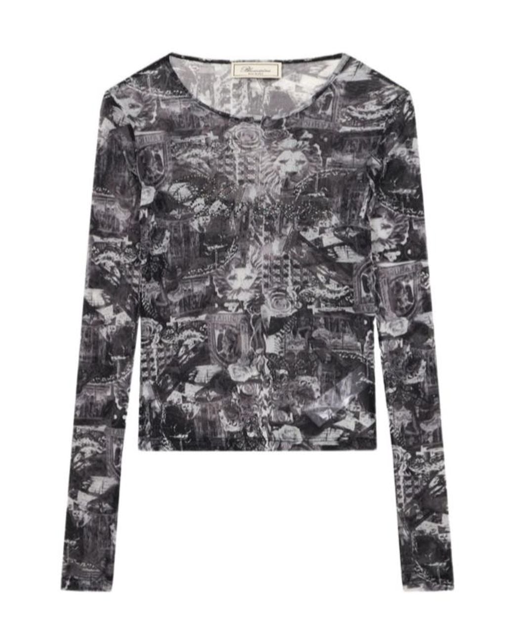 Blumarine Gray Printed Rhinestone Logo Top