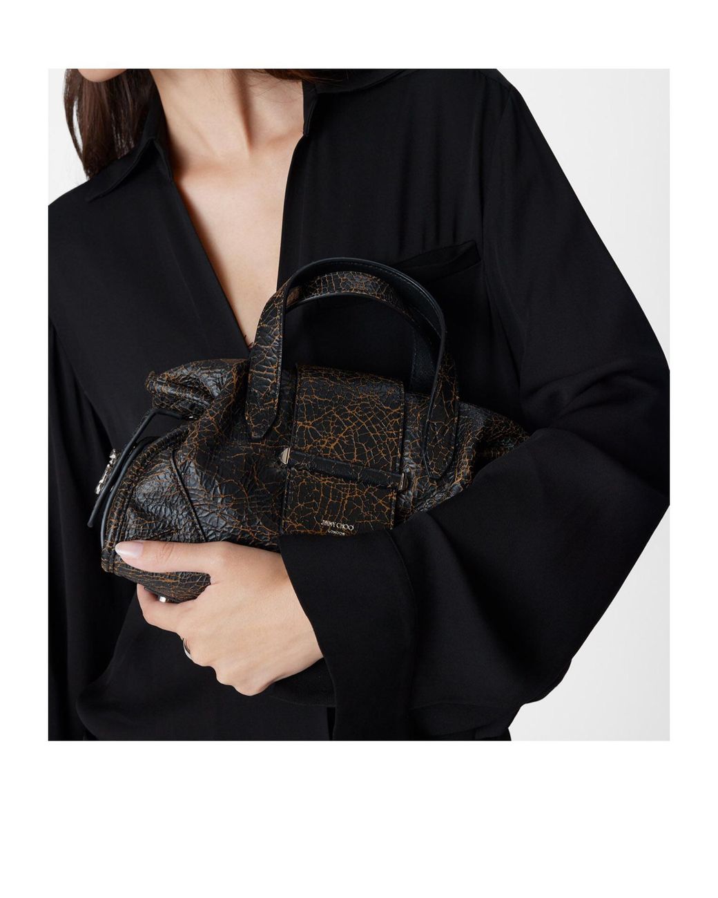 Jimmy Choo Black Crackle-Finish Glossy Leather Handbag