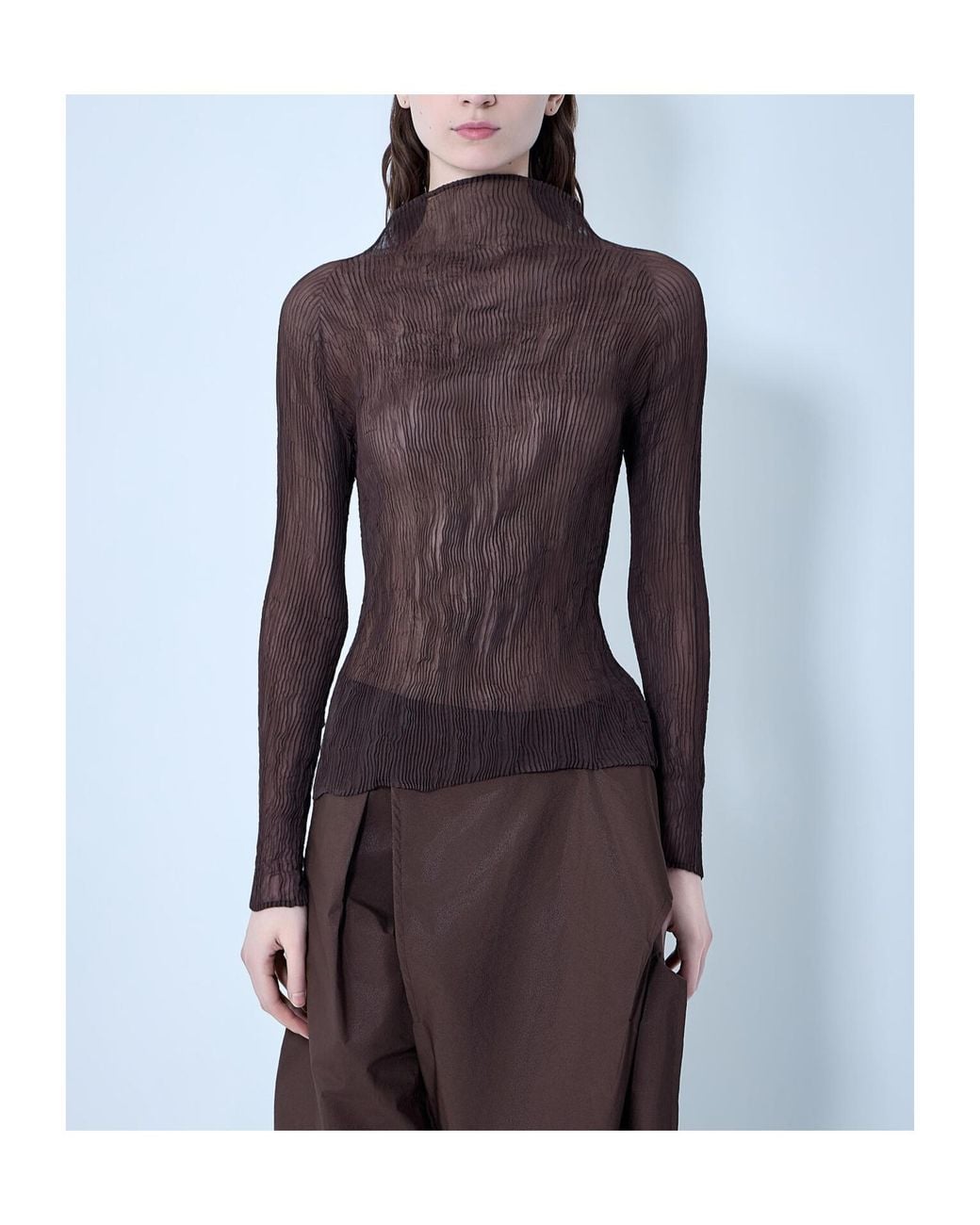 Issey Miyake Brown High-Neck Long-Sleeved Top