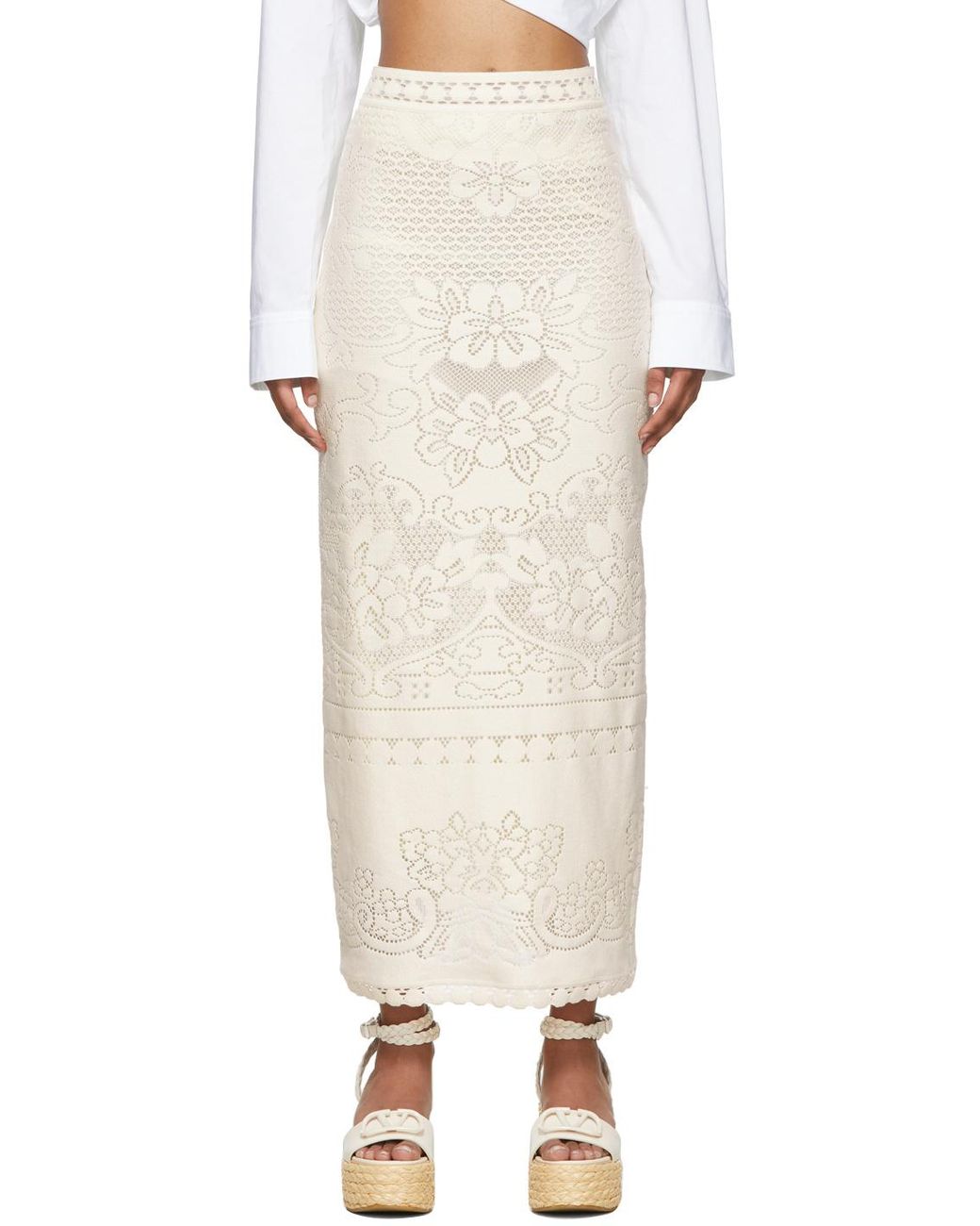Valentino White High-Waisted Heavy Lace Skirt